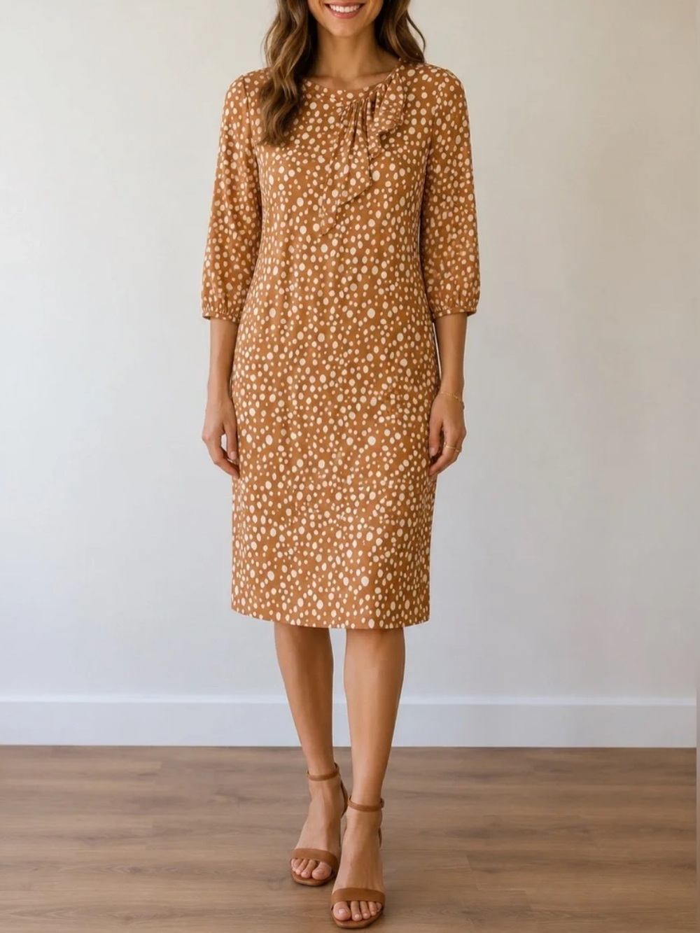 Tucker Silk Butterscotch Polka Dot 3/4 Sleeve Dress Size Small